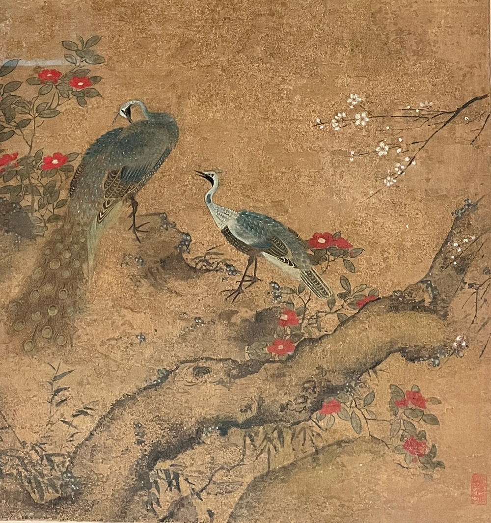 4明吕纪绢本设色梅花孔雀图轴（局部）fb.jpg