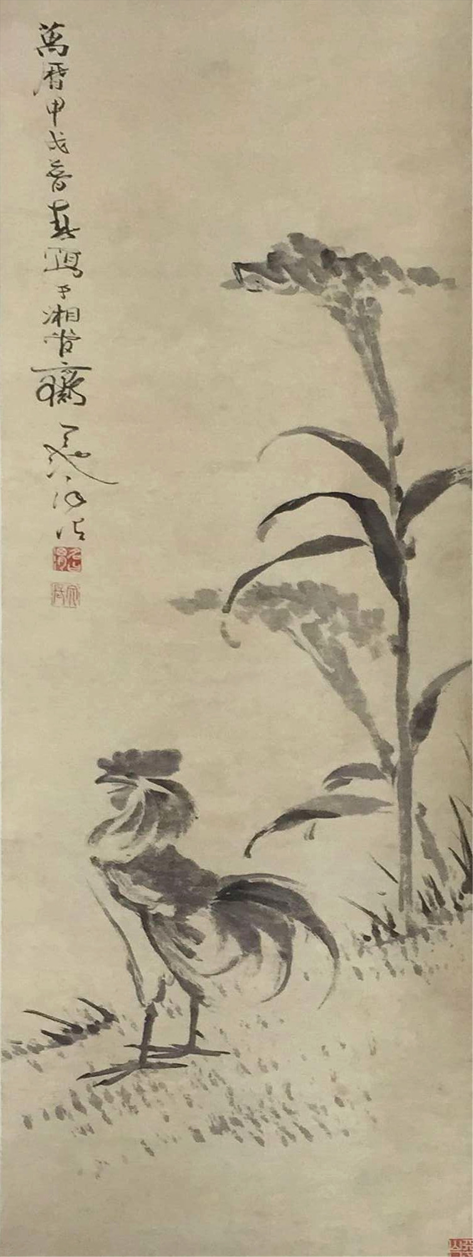 明徐渭款水墨公鸡图轴纵136，横41.jpg